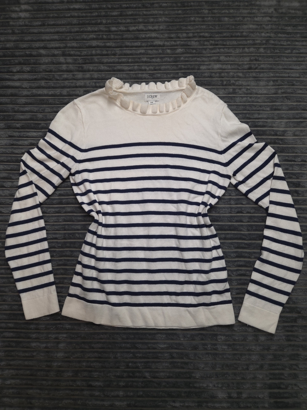 J. Crew Cream and Navy Ruffled Crewneck Striped Sweater